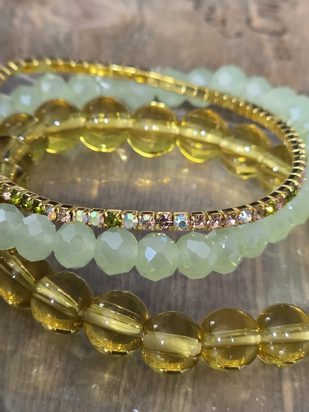 Gold and Pale Green Beaded Stretch Bracelet Set